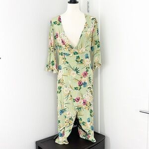 Large Green, Blue, Pink Floral Wrap Midi Dress